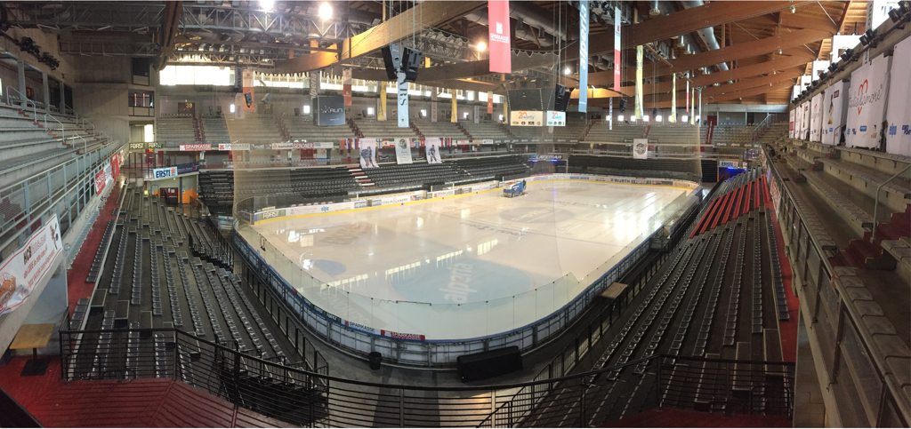 Wide angle view of an empty PalaOnda Ice Arena in Bolzano, Italy.