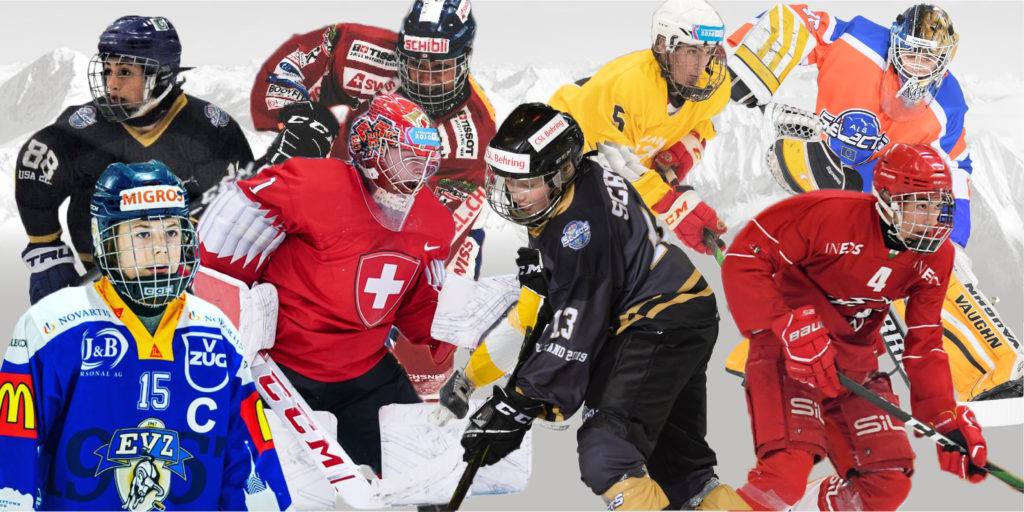 Collage of eight cutout players from the Alps region, all in various hockey stances.