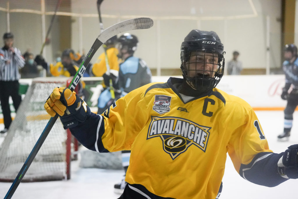 A player from the North Jersey avalanche celebrates after scoring a goal at the 2021 USA Hockey Nationals