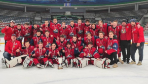 The 2005-born Lokomotiv Yaroslavl hockey team poses for a championship photo after the 2021 Russia youth hockey championships.