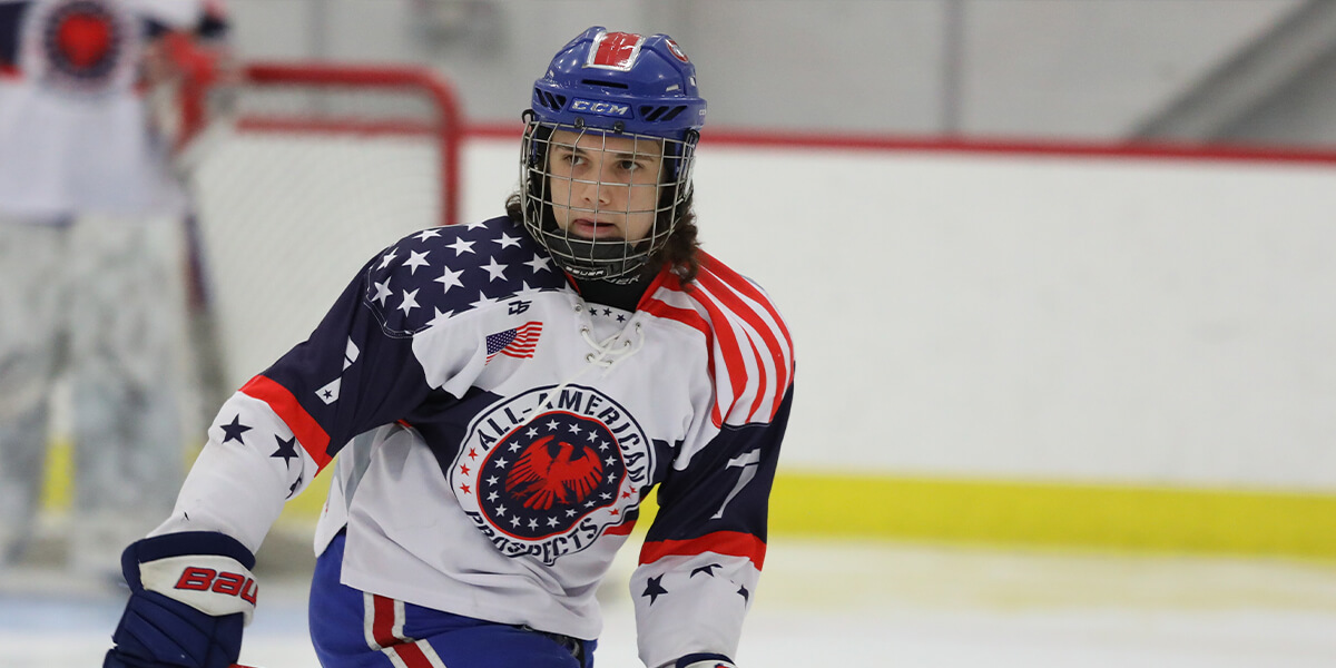 A player for the All-American Prospects turns to skate down the ice in a gam at the World Selects Invitational.