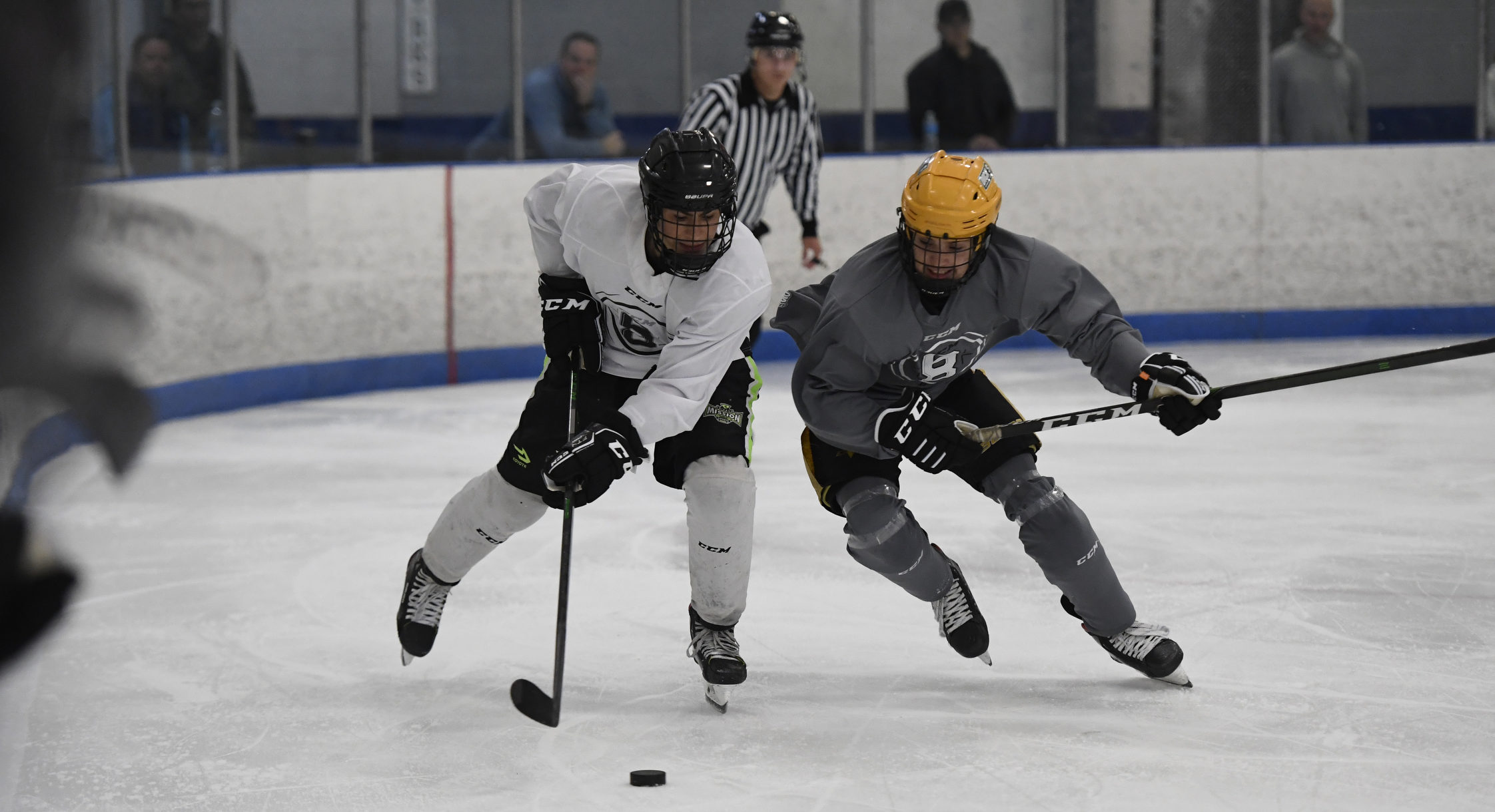 Two players compete for a loose puck during a game at the CCM 68 Combine