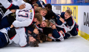Players from Stockholm Nord celebrate after winning the 2021 TV-Pucken championship.