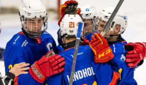 The 2007-born Finnish youth hockey team Jokerit celebrate a goal.