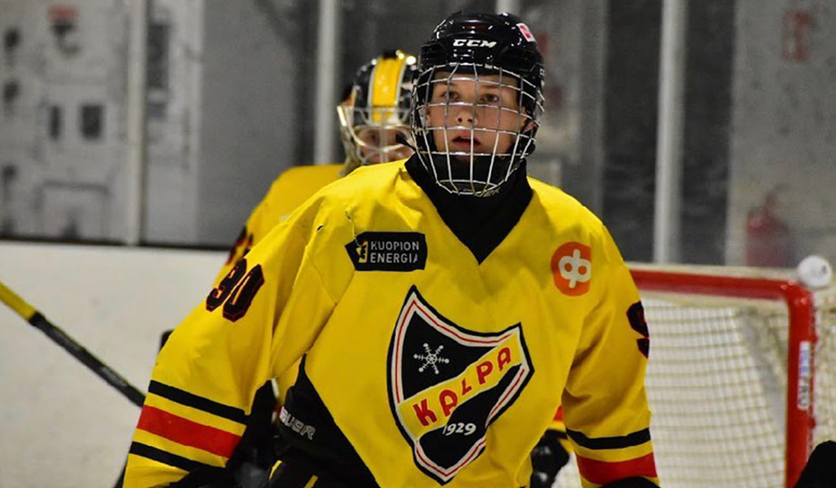 Sisu Mustonen, forward for 2008-born Finnish youth hockey team KalPa Keltainen skates during a game.