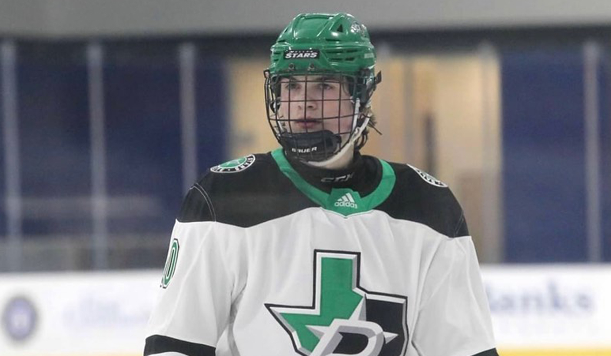 Landon Hafele, player for Dallas Stars Elite U16 youth hockey program readies for a faceoff.
