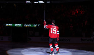 Travis Zajac salutes the crowd at a New Jersey Devils game at Prudential Center.