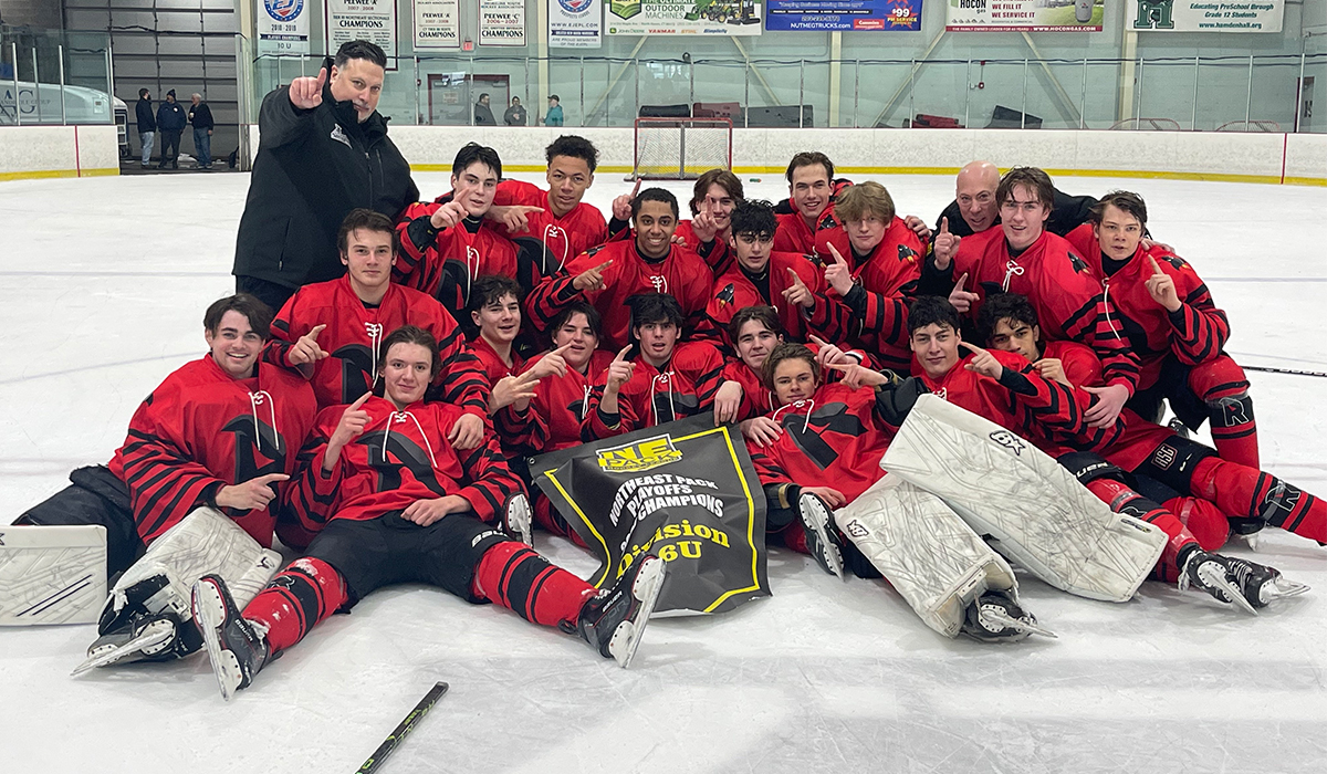 2006-born U.S. youth hockey team New Jersey Rockets celebrate winning the 16U division at the NE Pack playoffs.
