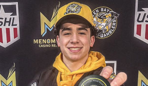 Lev Katzin, forward for U16 Toronto Marlboros, celebrates signing a tender agreement with the Green Bay Gamblers of the USHL for the 2023-24 season.