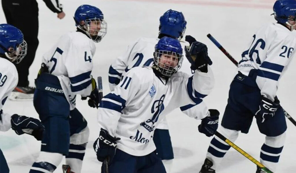 Makar Kultuklu, forward for 2007-born Russian youth hockey team Dynamo Moscow celebrates a goal.