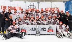 2007-born Canadian youth hockey team Peterborough Petes celebrate winning the U16 OMHA Championship.