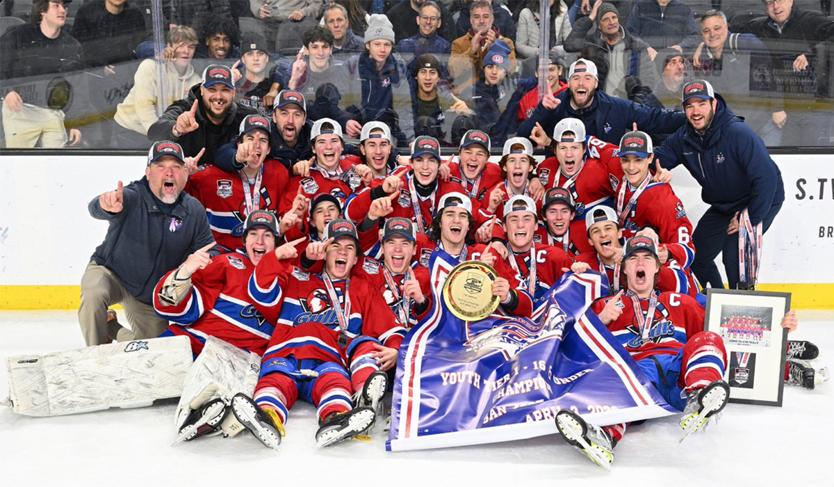 2006-born youth hockey team Long Island Gulls celebrates winning the championship at the 16U USA Hockey Nationals.