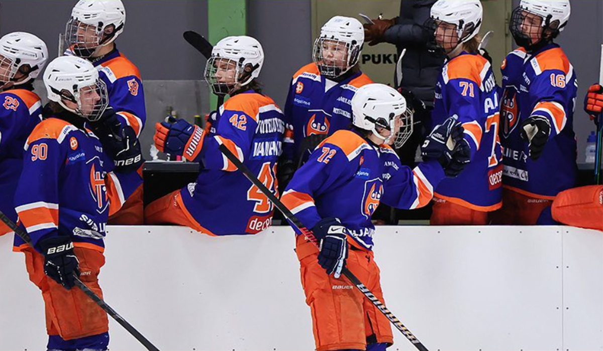 2007-born Finnish youth hockey team Tappara celebrates a goal in Game 1 of the SM-Playoffs Championship Series.