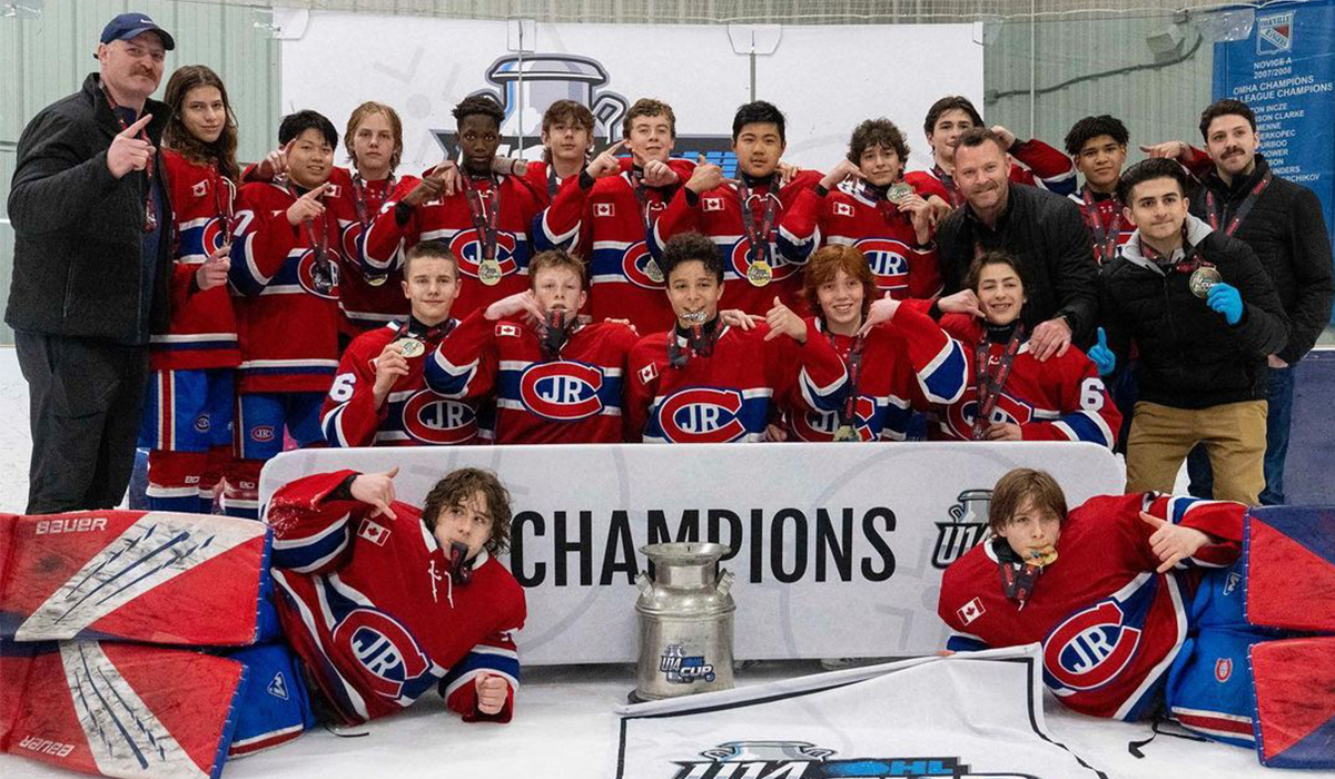 2009-born Canadian youth hockey team Toronto Jr. Canadiens celebrates winning the U14 2023 OHL Cup.