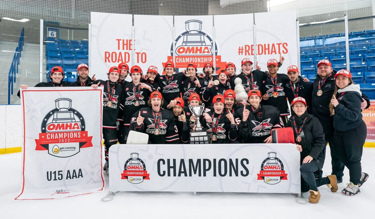 2008-born Canadian youth hockey team York Simcoe Express celebrate their title at the U15 OMHA championships.