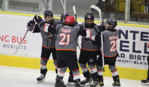 The 2010-born Czech Knights celebrate a goal scored during the 2023 13U World Selects Invitational in Chamonix, France.