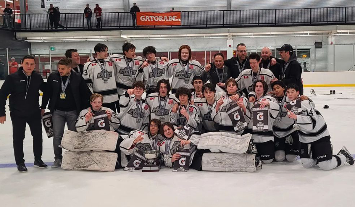 The 2008-born Canadian youth hockey team Vaughan Kings celebrate its 2023 OHF Championship.